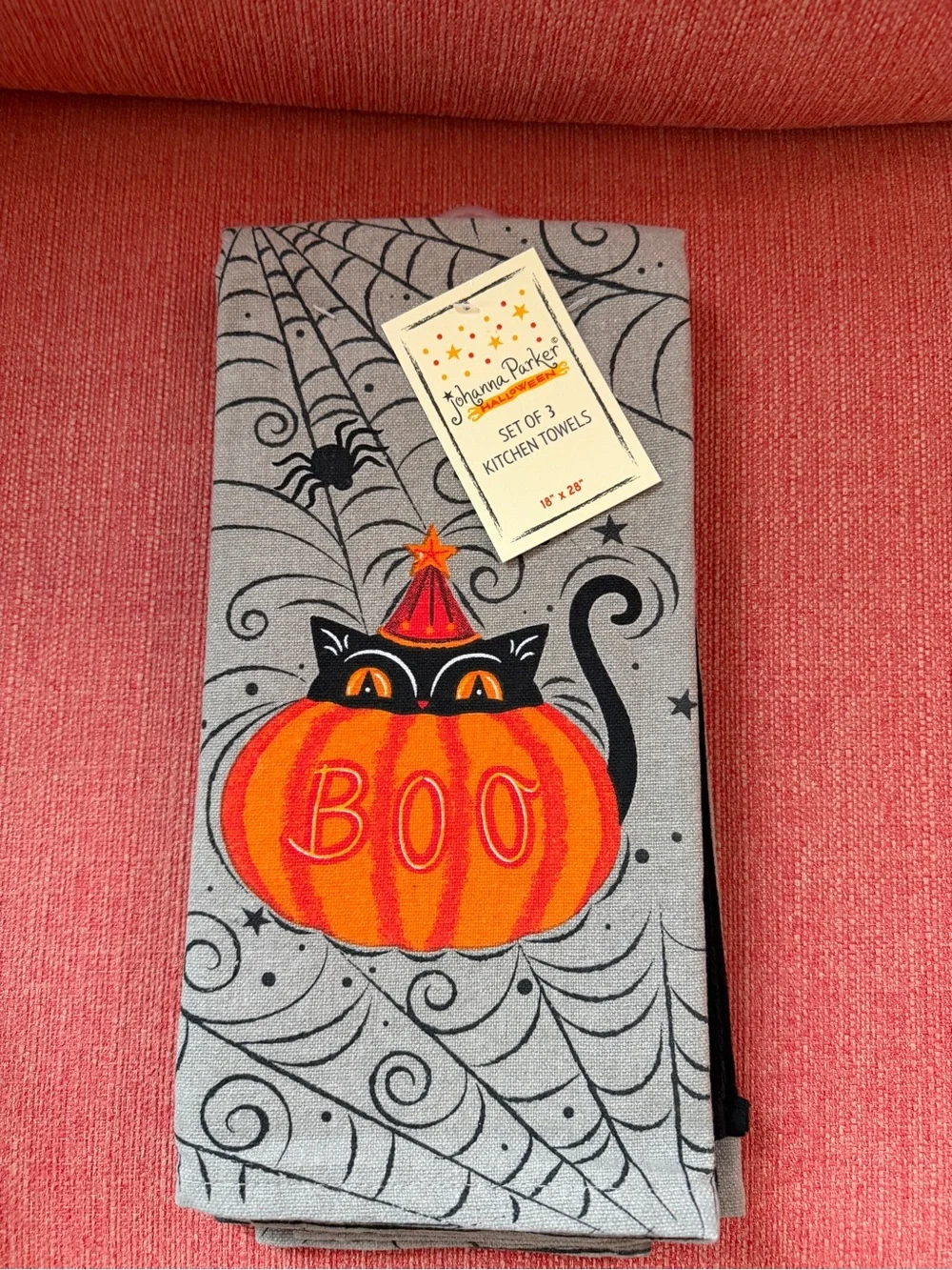 Johanna Parker Halloween Set 3 Kitchen Bath Towels Black Cat Pumpkin Boo Grey